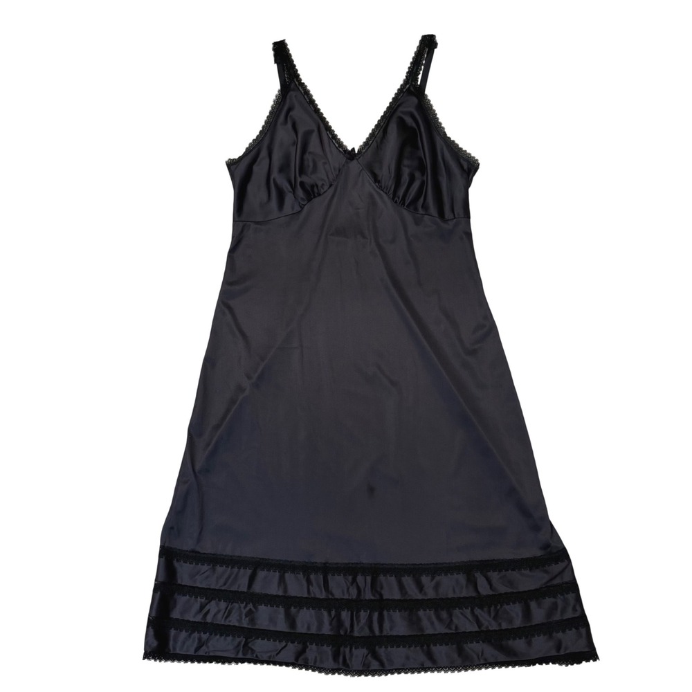 Vtg 70s Sears Black Antron III Nylon Full Slip Dress Tiered Lace Hem Size 38 EUC